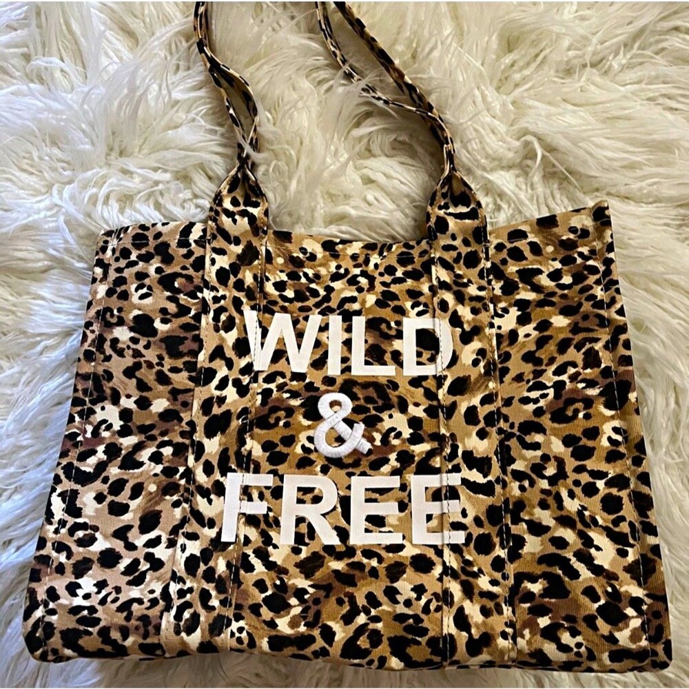Leopard Animal Print "Wild & Free" Canvas Tote Bag w/ Inner Pockets 12in